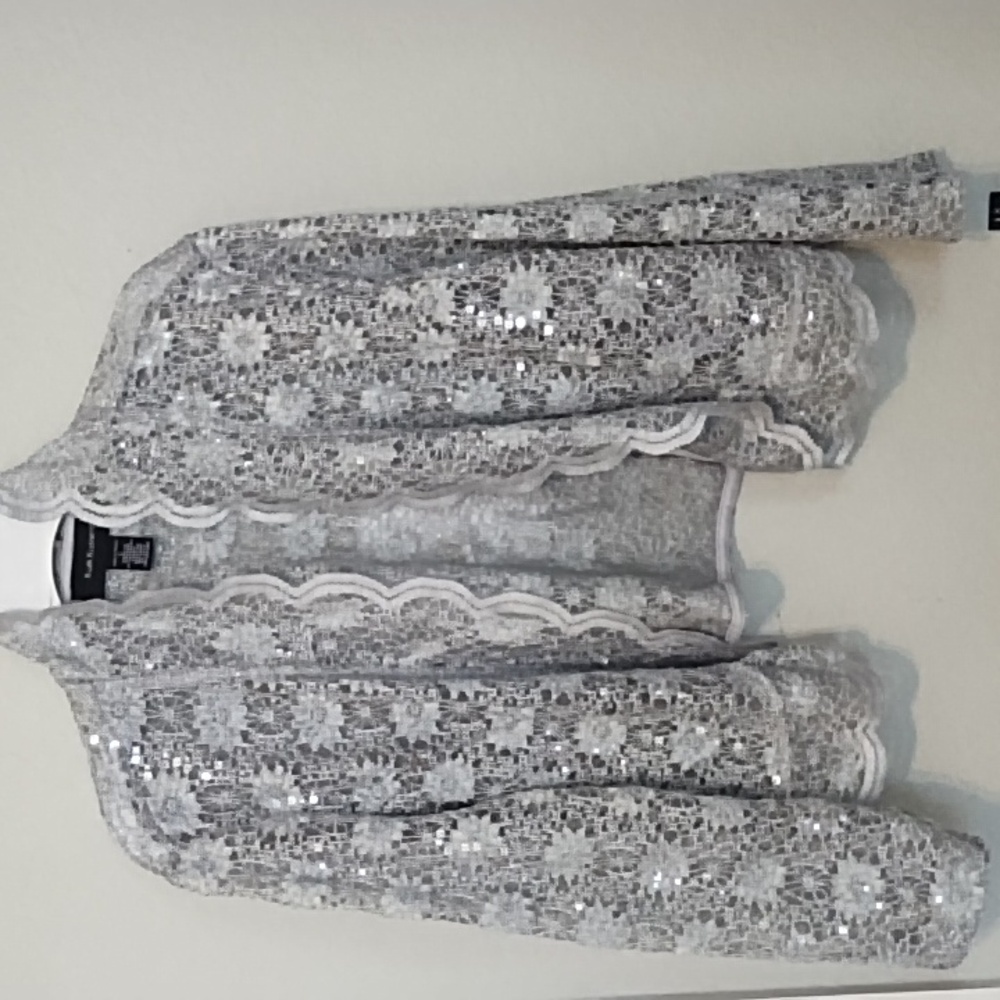 R&M Richards Silver Sequin Lace Open Shrug